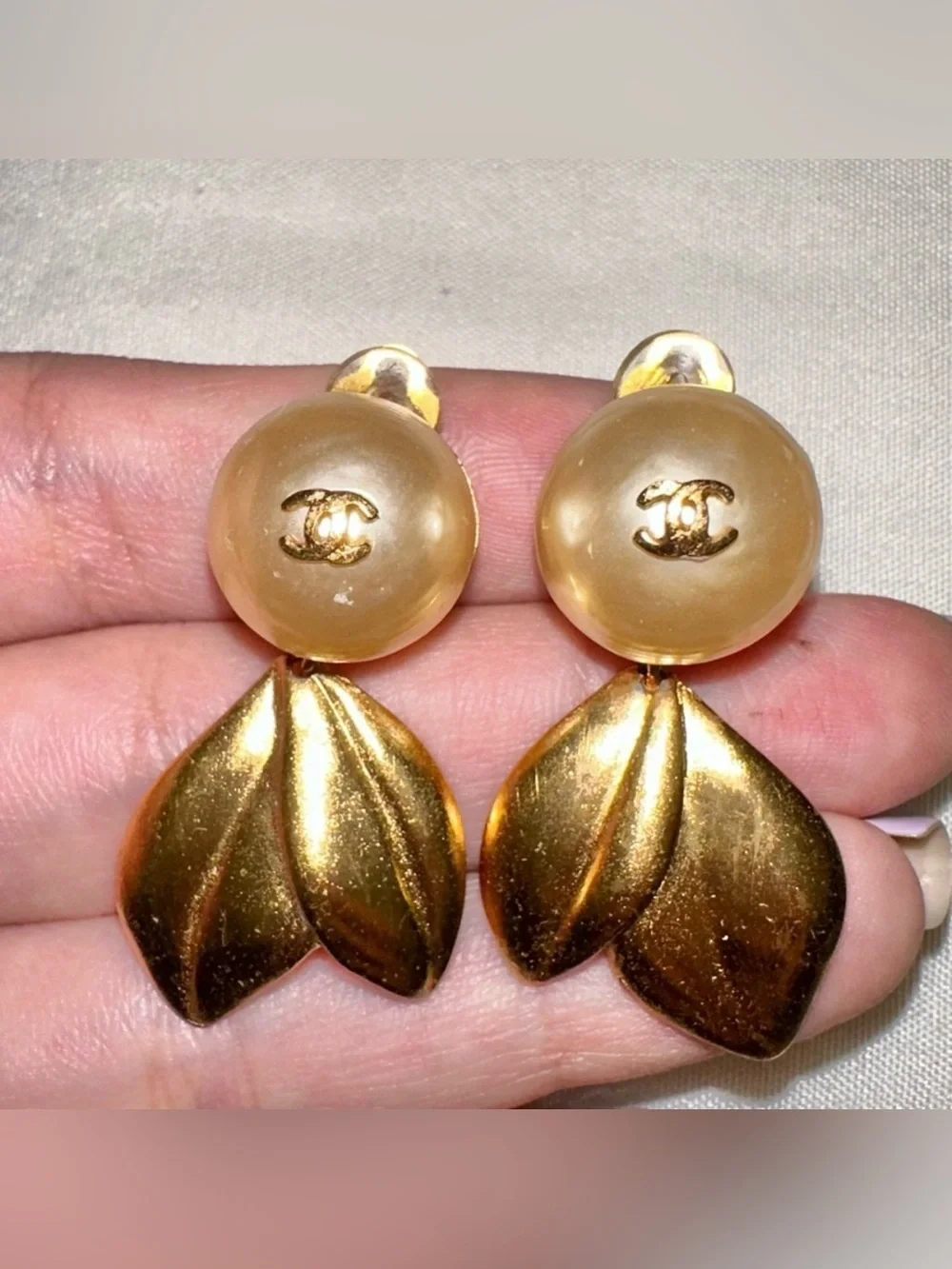 Chanel Vintage Pearl and Leaves Gold-tone Dangle Drop Clip On Statement Earrings